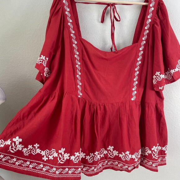 NEW Old Navy Womens Plus 4X Red Embroidered Peasant Top Square Neck Shirt - Picture 7 of 9
